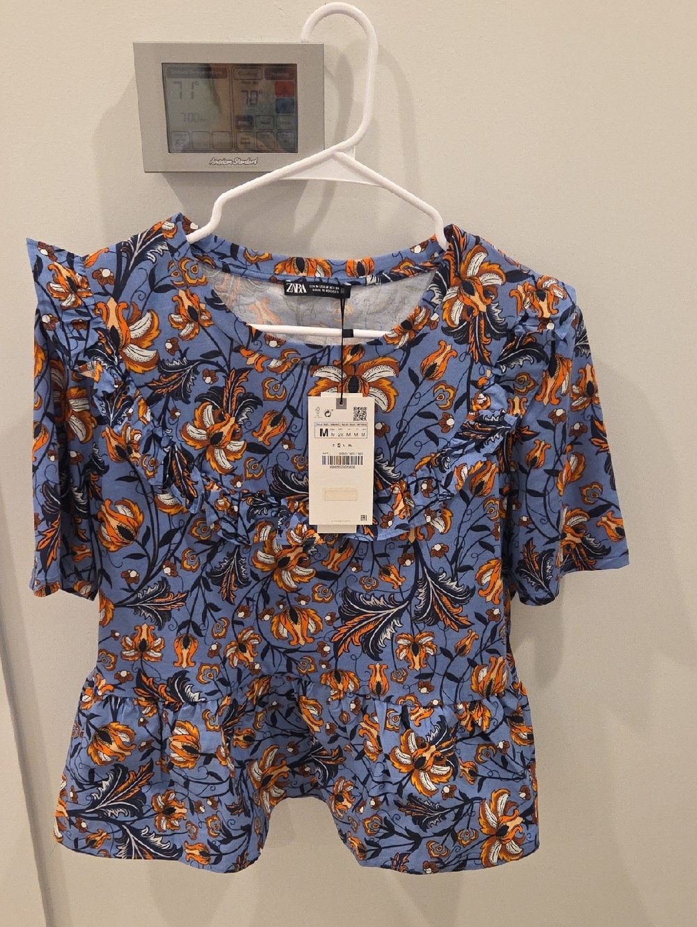 Zara NWT Size Medium Blue and Orange Floral Ruffle Sleeve Blouse